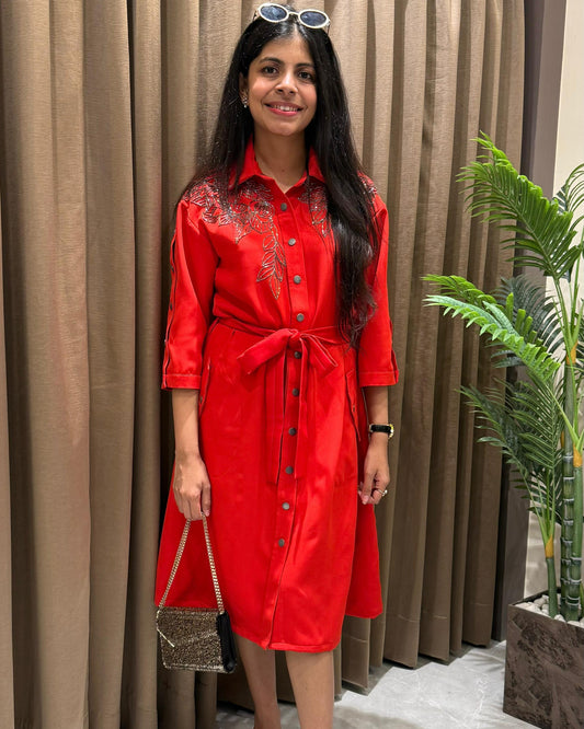 Red Lycra Belted Dress