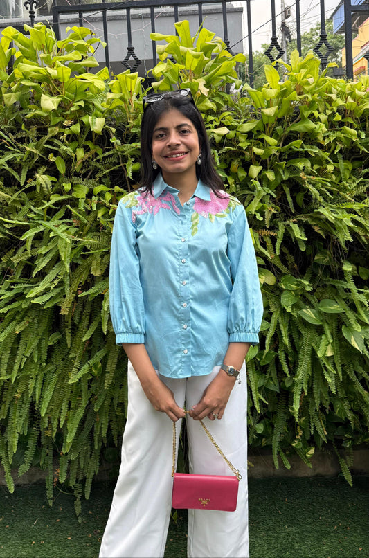 Blue Floral Sequins Shirt