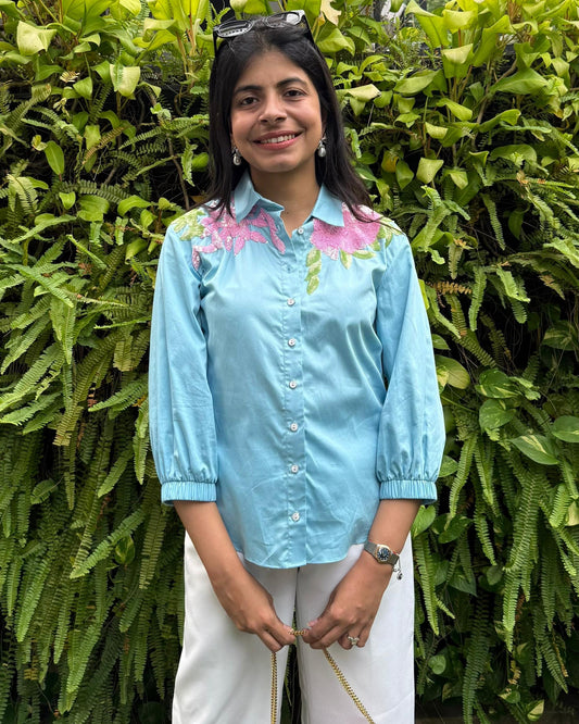 Blue Floral Sequins Shirt