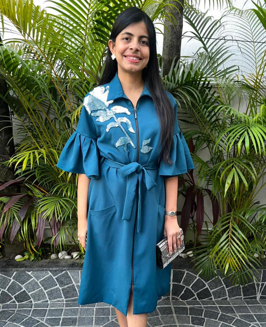 Teal Green Embroidered Zip Dress