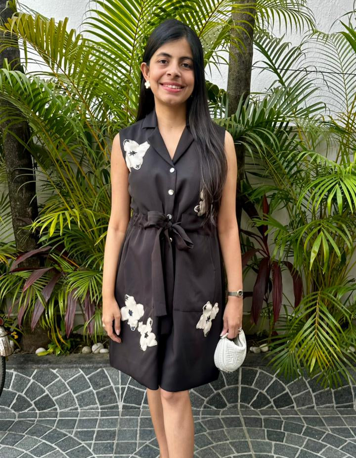 Black Sleeveless Leather Patch Dress