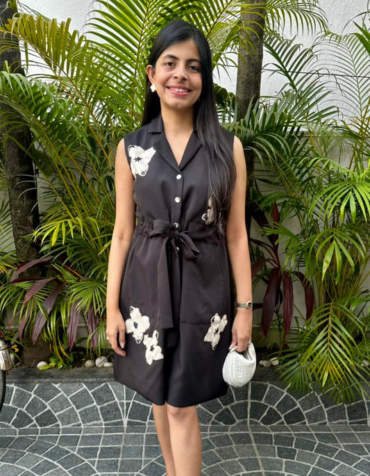 Black Sleeveless Leather Patch Dress