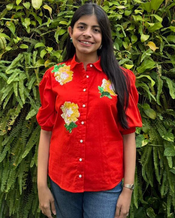 Orange Sequins Floral Shirt
