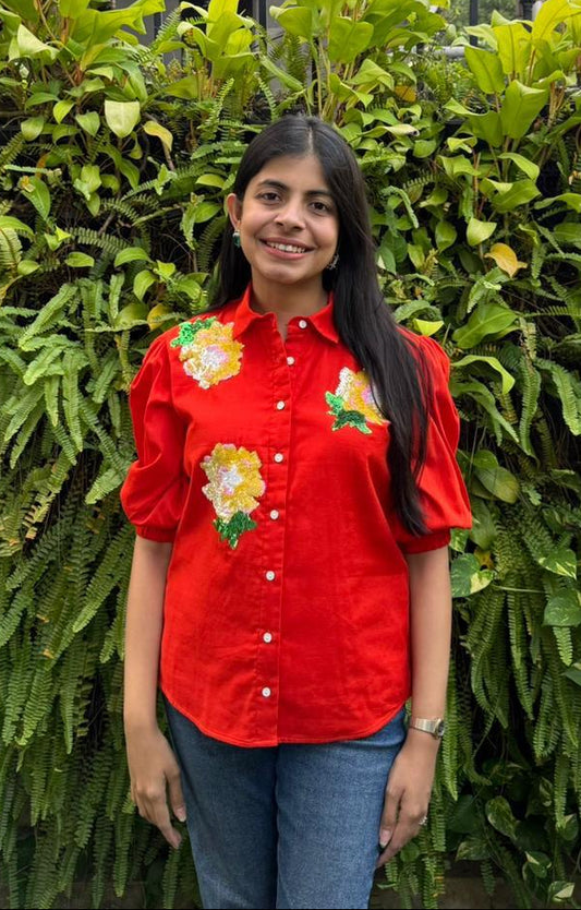 Orange Sequins Floral Shirt
