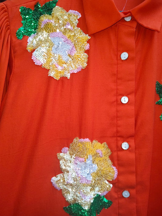 Orange Sequins Floral Shirt