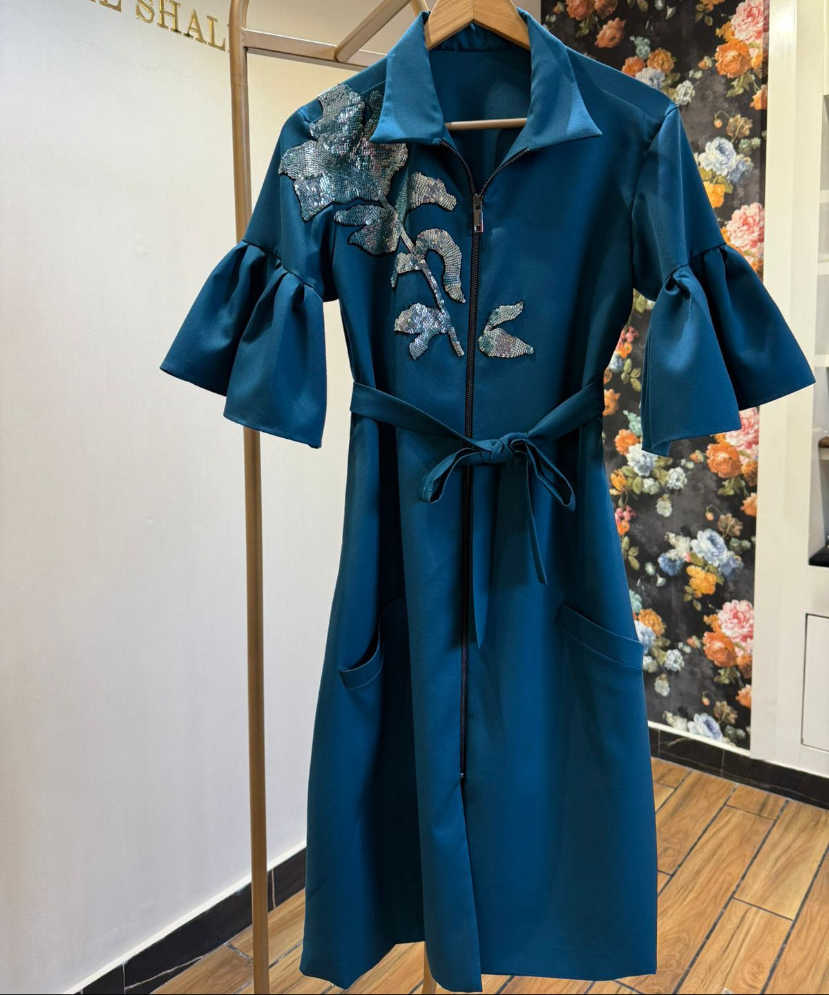 Teal Green Embroidered Zip Dress
