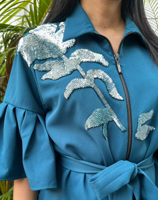 Teal Green Embroidered Zip Dress